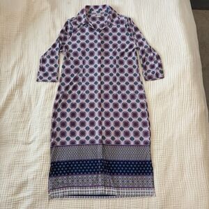 Chico's Shirt Dress Womens Sz 1P Petite Medallion Geometric Button Front Preppy